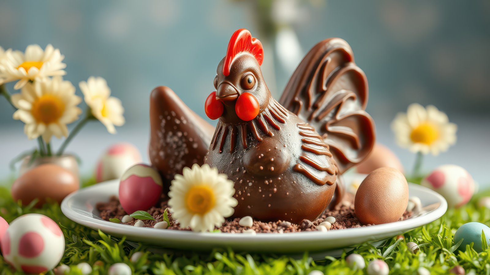 Chocolate chicken sculpture surrounded by colorful eggs and flowers on a festive display